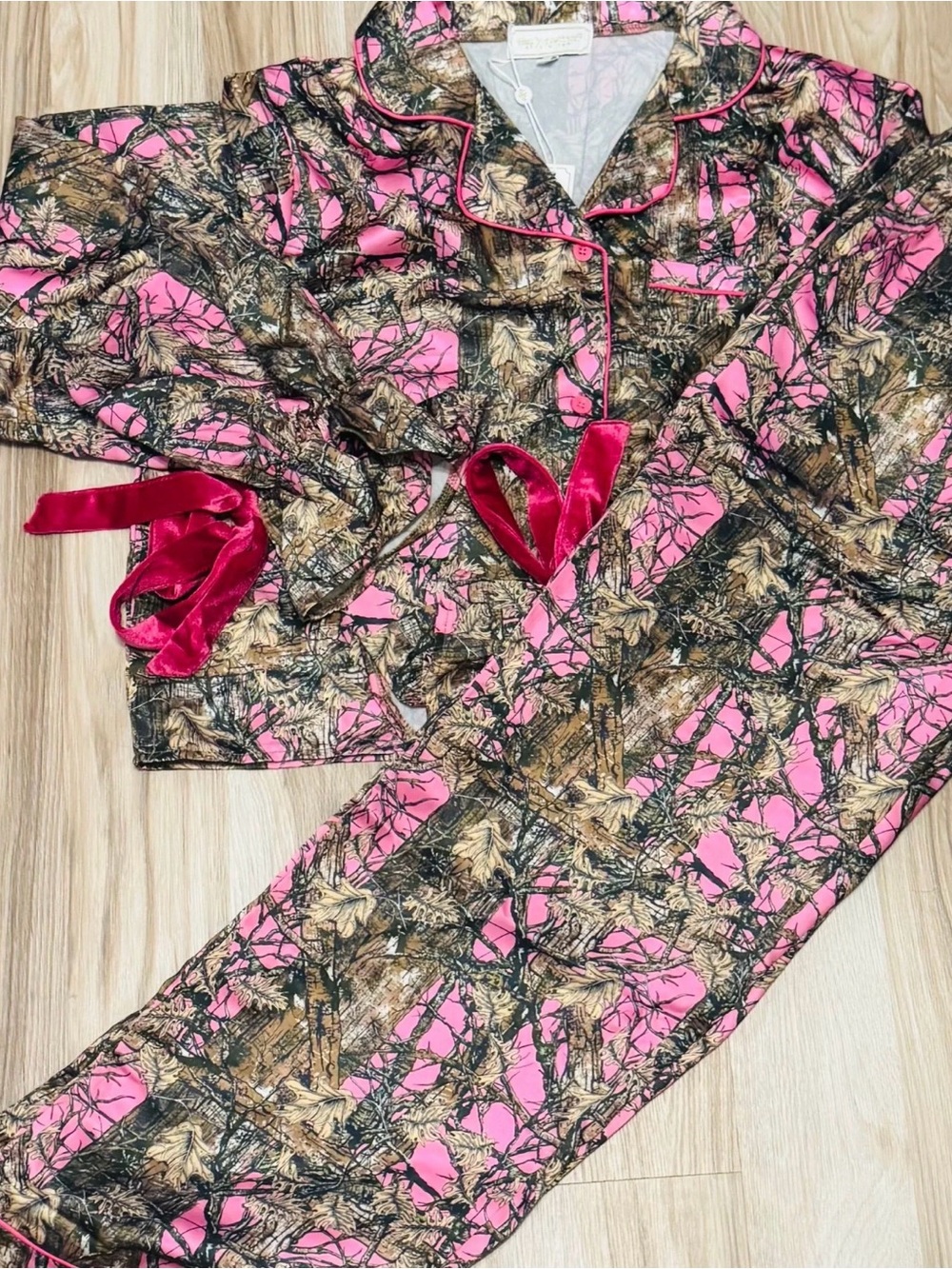 Simply Southern Pink and Brown Camo Velvet-Tie Pajama Set